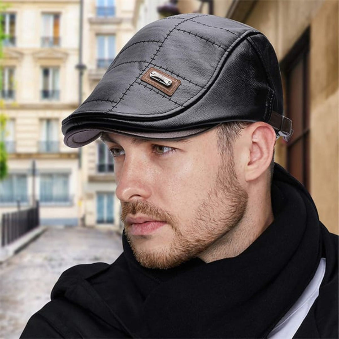 Flat Cap : Baret Heren Zwart - FlatCap - Retro Leren Hoed in van Pantino