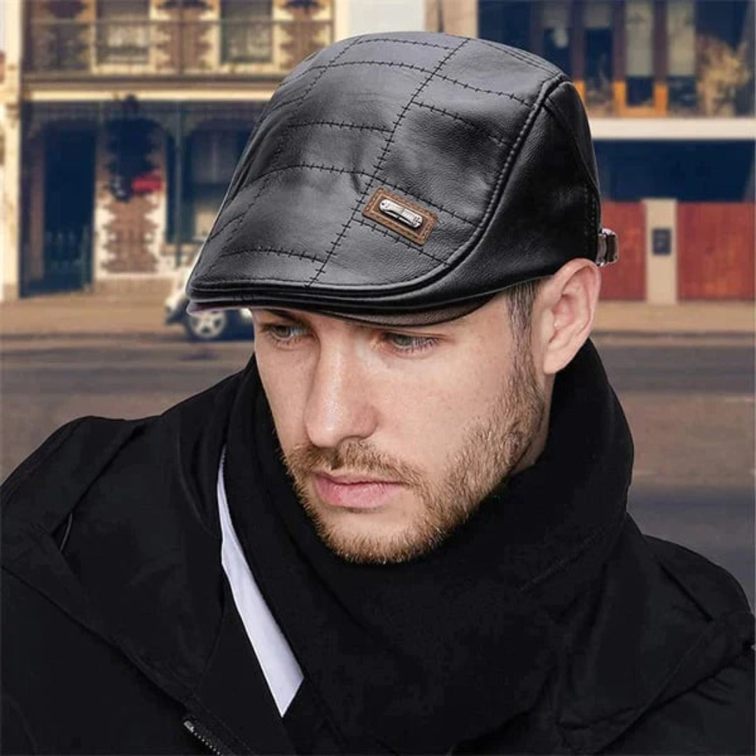 Flat Cap : Baret Heren Zwart - FlatCap - Retro Leren Hoed in van Pantino
