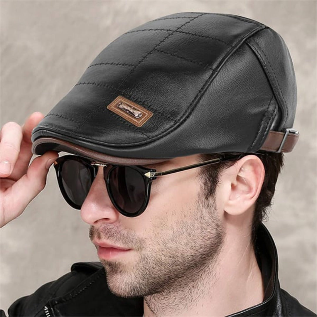 Flat Cap : Baret Heren Zwart - FlatCap - Retro Leren Hoed in van Pantino