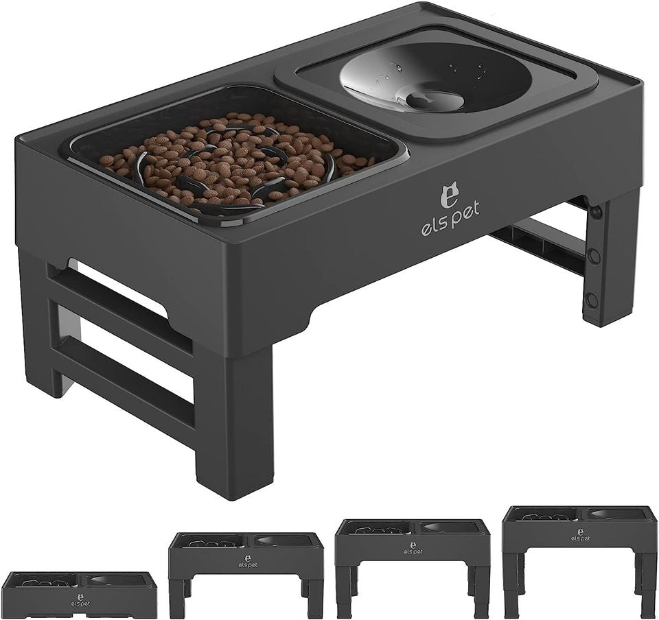 pets : FlexiFeeder - In Hoogte Verstelbaar Rvs - Grijs in Zwart - Anti schrokbak van Pantino