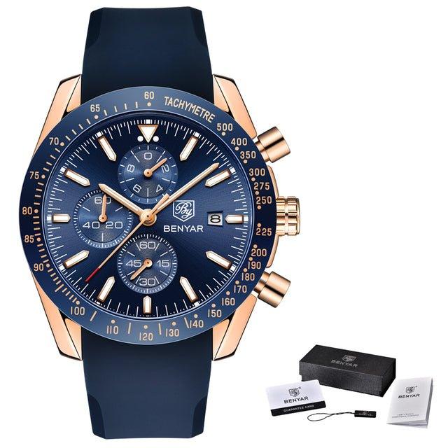 watches : Men's Waterproof Quartz Watch - Staal Zilver Blauw in Silicium goud blauw B van Pantino