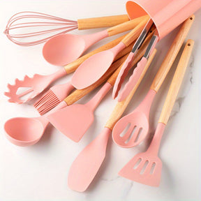 home & garden : Silicone 12-Delig Kookgerei Sets - Khaki in Lichtroze van Pantino