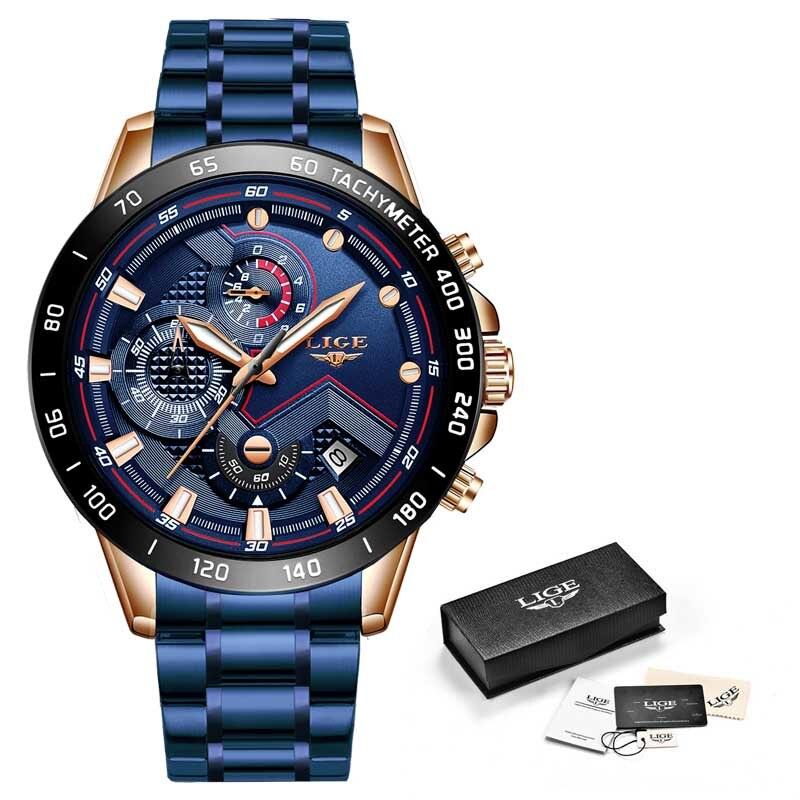 watches : Heren Horloge - LigeWatch Luxe Blauw Roestvrij Staal - Waterdicht Analoog Kwarts in Zwart Blauw van Pantino