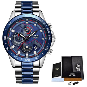 watches : Heren Horloge - LigeWatch Luxe Blauw Roestvrij Staal - Waterdicht Analoog Kwarts in Zilverblauw van Pantino