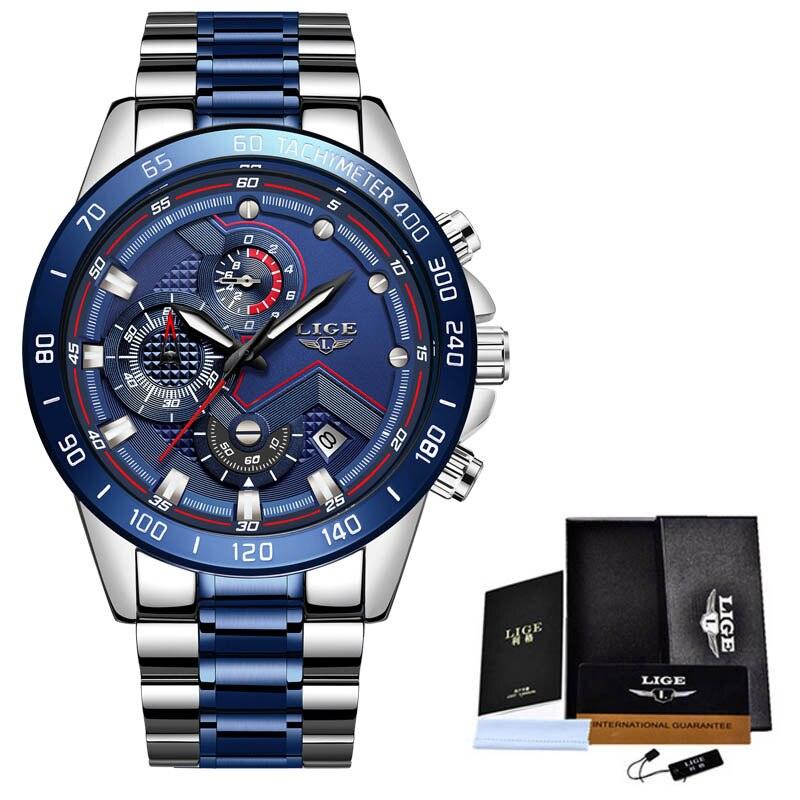 watches : Heren Horloge - LigeWatch Luxe Blauw Roestvrij Staal - Waterdicht Analoog Kwarts in Zilverblauw van Pantino