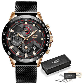 watches : Heren Horloge - LigeWatch Luxe Blauw Roestvrij Staal - Waterdicht Analoog Kwarts in Roségoud Zwart Mesh van Pantino