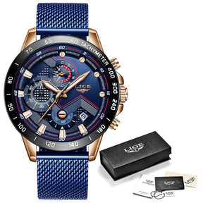 watches : Heren Horloge - LigeWatch Luxe Blauw Roestvrij Staal - Waterdicht Analoog Kwarts in Roségoud Blauw Mesh van Pantino