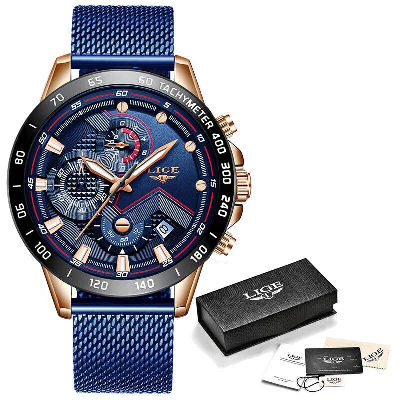 watches : Heren Horloge - LigeWatch Luxe Blauw Roestvrij Staal - Waterdicht Analoog Kwarts in Roségoud Blauw Mesh van Pantino