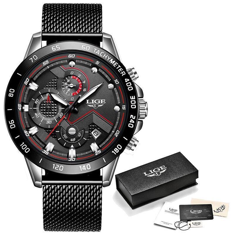 watches : Heren Horloge - LigeWatch Luxe Blauw Roestvrij Staal - Waterdicht Analoog Kwarts in Zilver Zwart Mesh van Pantino
