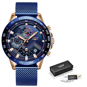 watches : Heren Horloge - LigeWatch Luxe Blauw Roestvrij Staal - Waterdicht Analoog Kwarts in Volledig blauw gaas van Pantino