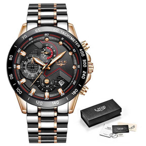 watches : Heren Horloge - LigeWatch Luxe Blauw Roestvrij Staal - Waterdicht Analoog Kwarts in Roségoud Zwart van Pantino