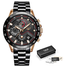 watches : Heren Horloge - LigeWatch Luxe Blauw Roestvrij Staal - Waterdicht Analoog Kwarts in Goud Zwart van Pantino