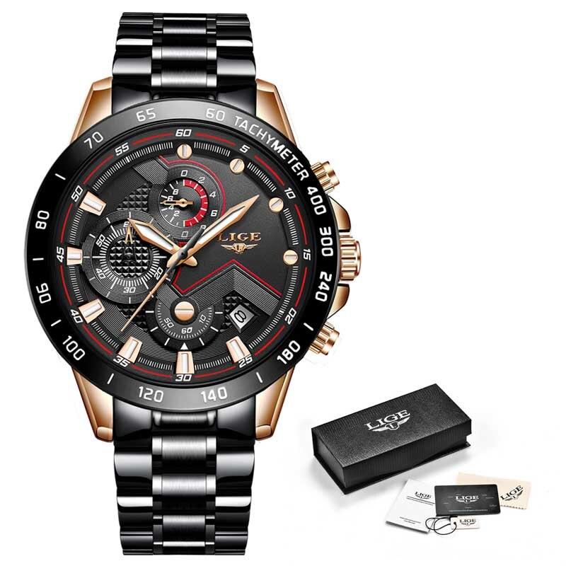 watches : Heren Horloge - LigeWatch Luxe Blauw Roestvrij Staal - Waterdicht Analoog Kwarts in Goud Zwart van Pantino