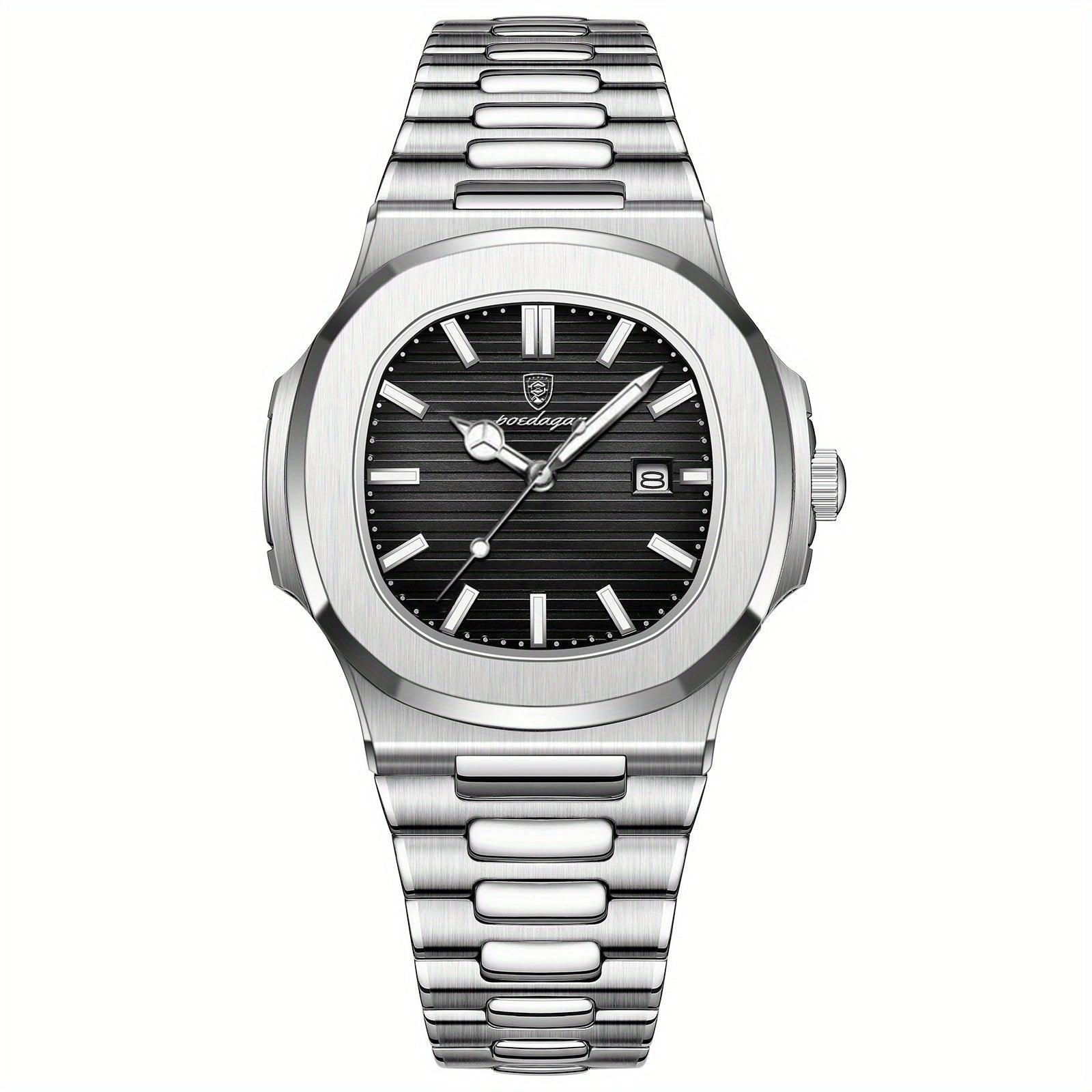 watches : Herenhorloge Zwart RVS 42mm - Modern Polshorloge met Datum voor Mannen in Zilver van Pantino