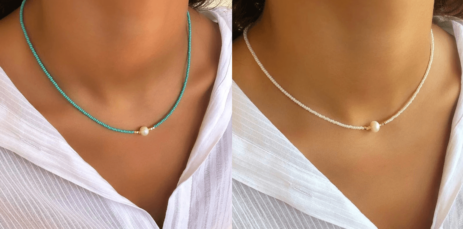 Necklace : Ketting Heren - Pocket Pearl - Met Natuurlijke Parels in Turkoois + wit (1+1 gratis) van Pantino