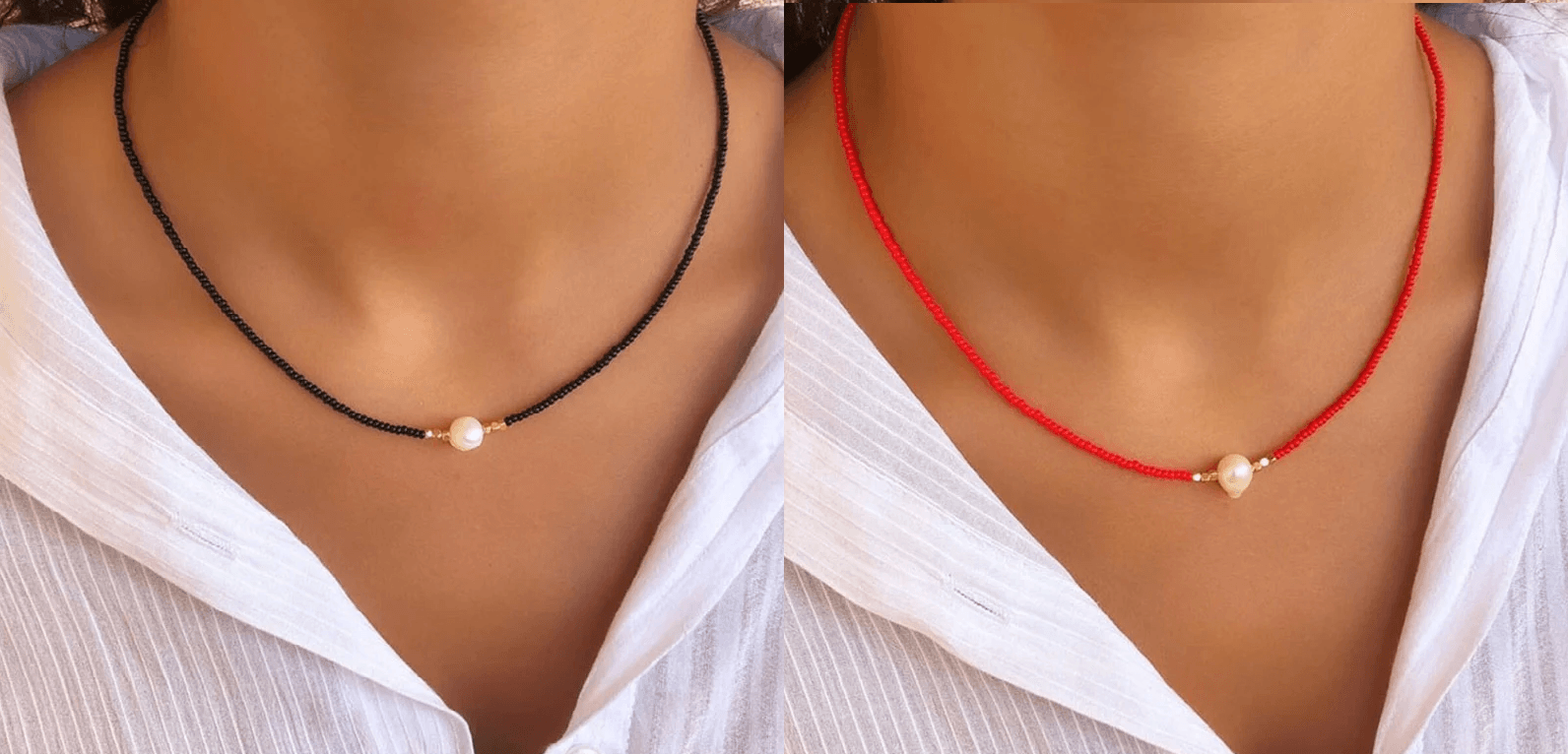 Necklace : Ketting Heren - Pocket Pearl - Met Natuurlijke Parels in Zwart + rood (1+1 gratis) van Pantino